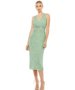 Mac Duggal Shop For Sequined Sleeveless V-Neck Midi Sheath Dress