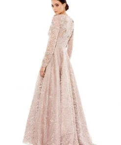 Mac Duggal Long Sleeve A-Line Floral Applique Gown