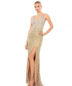 Mac Duggal Sequined High Slit Evening Gown