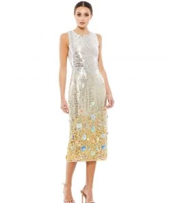 Mac Duggal Metallic Ombré Floral Embellished Sleeveless Midi Dress