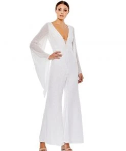 Mac Duggal Fully Sequined Plunging White Jumpsuit