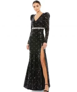 Mac Duggal Sequined Puff Shoulder Rhinestone Dot Gown Shop For