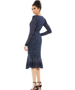 Mac Duggal Sequined Long Sleeve Midi Trumpet Dress Shop For