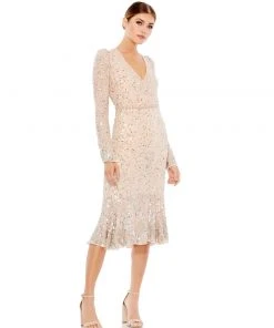 Mac Duggal Sequined Long Sleeve Midi Trumpet Dress Shop For