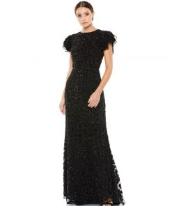 Mac Duggal Floral Embellished Flutter Sleeve Evening Gown Shop For