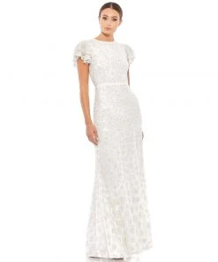 Mac Duggal Floral Embellished Flutter Sleeve Evening Gown Shop For