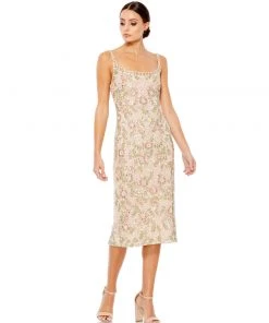 Mac Duggal Floral Beaded Midi Sheath Dress