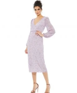 Mac Duggal Blouson Sleeve Sequined Surplice Midi Dress