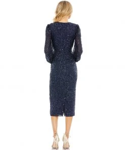 Mac Duggal Blouson Sleeve Sequined Surplice Midi Dress