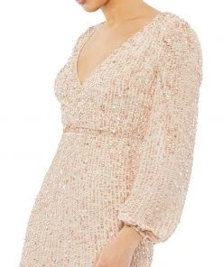 Mac Duggal Blouson Sleeve Sequined Surplice Midi Dress