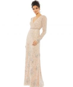 Mac Duggal Puff Sleeve Floral Beaded Surplice Gown