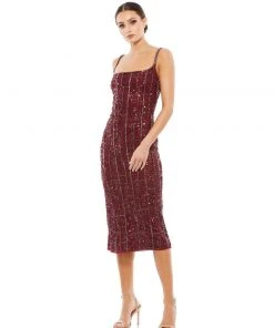 Mac Duggal Embellished Square Neck Midi Sheath Dress