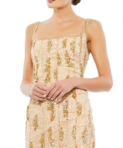 Mac Duggal Embellished Square Neck Midi Sheath Dress