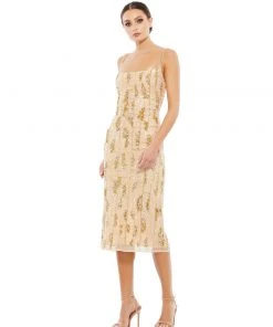 Mac Duggal Embellished Square Neck Midi Sheath Dress