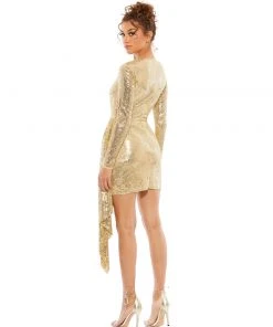 Mac Duggal Short Dresses Metallic Long Sleeve Sequined Mini Dress