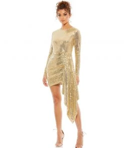 Mac Duggal Short Dresses Metallic Long Sleeve Sequined Mini Dress