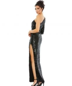 Mac Duggal Shop For Sequined One Sleeve High Slit Gown