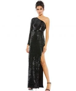 Mac Duggal Shop For Sequined One Sleeve High Slit Gown