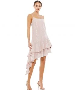 Mac Duggal Short Dresses Sequined Ruffle Hem Sleeveless Cocktail Dress