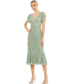 Mac Duggal Shop For Sequined Flutter Sleeve Midi Dress