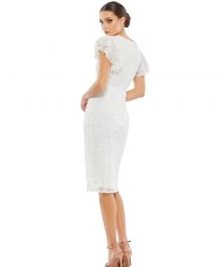 Mac Duggal Floral Embellished Flutter Sleeve Midi Dress