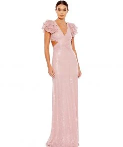 Mac Duggal Shop For Sequined Ruffled Cutout Open Back Gown