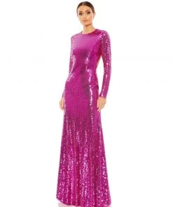 Mac Duggal Sequined Long Sleeve High Neck Open Back Gown