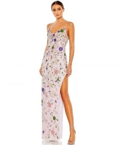 Mac Duggal Embellished Lace Sleeveless V Neck Gown