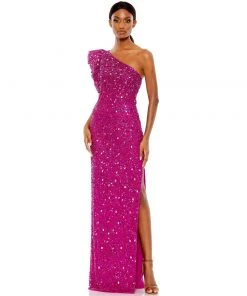 Mac Duggal Embellished Puff One Shoulder Column Gown