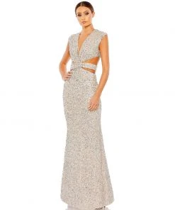 Mac Duggal Sequined Cap Sleeveless Plunge Neck Cut Out Gown Shop For