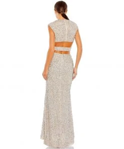 Mac Duggal Sequined Cap Sleeveless Plunge Neck Cut Out Gown Shop For