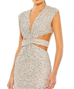 Mac Duggal Sequined Cap Sleeveless Plunge Neck Cut Out Gown Shop For