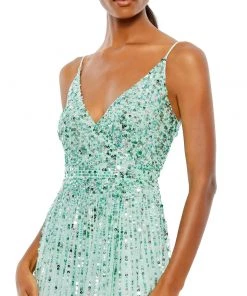 Mac Duggal Sequined Sleeveless Wrap Over A-Line Gown Shop For