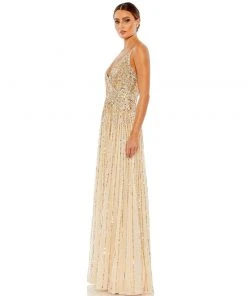 Mac Duggal Sequined Sleeveless Wrap Over A-Line Gown Shop For