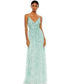 Mac Duggal Sequined Sleeveless Wrap Over A-Line Gown Shop For