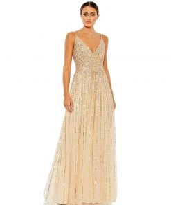 Mac Duggal Sequined Sleeveless Wrap Over A-Line Gown Shop For