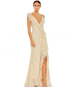 Mac Duggal Embellished Ruffled Faux Wrap Sleeveless Gown Shop For