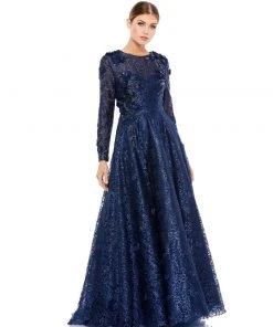 Mac Duggal Long Sleeve A-Line Floral Applique Gown