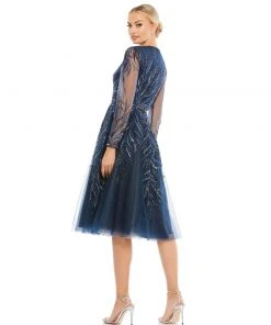 Mac Duggal Embellished Tea-Length Illusion Cocktail Dress