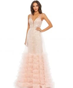 Mac Duggal Lace Ruffle Tiered Sleeveless Plunge Neck Gown Shop For