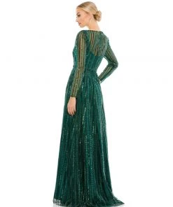 Mac Duggal Plunging Striped Sequin Long Sleeve Gown