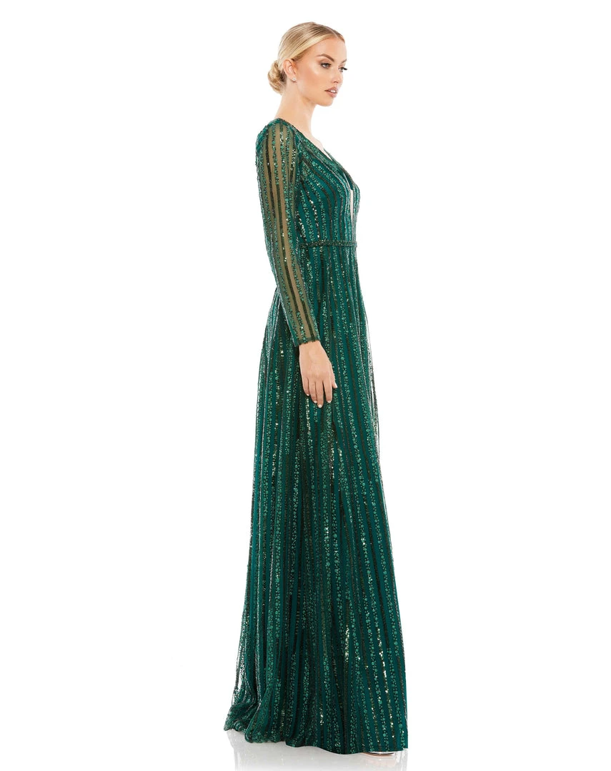 Mac Duggal Plunging Striped Sequin Long Sleeve Gown 4 Mac Duggal Plunging Striped Sequin Long Sleeve Gown