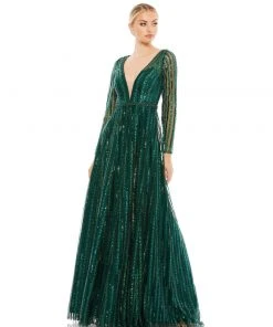 Mac Duggal Plunging Striped Sequin Long Sleeve Gown