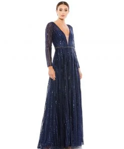 Mac Duggal Plunging Striped Sequin Long Sleeve Gown 12 Mac Duggal Plunging Striped Sequin Long Sleeve Gown