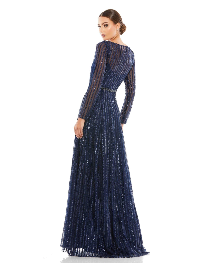 Mac Duggal Plunging Striped Sequin Long Sleeve Gown 6 Mac Duggal Plunging Striped Sequin Long Sleeve Gown