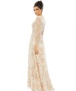 Mac Duggal Floral Beaded Long Sleeve Gown Shop For