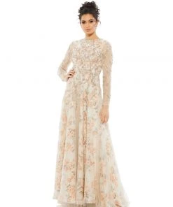 Mac Duggal Floral Beaded Long Sleeve Gown Shop For