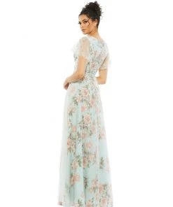 Mac Duggal Floral Flutter Sleeve V-Neck Maxi Dress