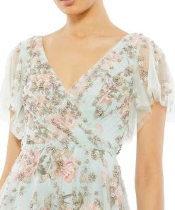 Mac Duggal Floral Flutter Sleeve V-Neck Maxi Dress