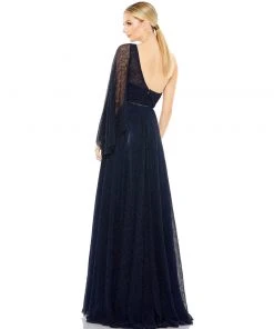 Mac Duggal Shop For One-Shoulder Bell Sleeve Lace Gown